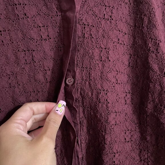 LOFT Womens Burgundy Red Long Sleeve Lace Semi Sheer Button Up Blouse Size Large - Picture 3 of 7